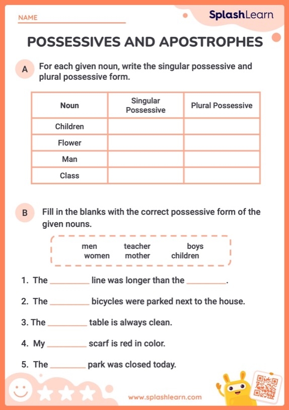 Singular and Plural Possessives Worksheet Number 13 for Fourth Grade Phonics Fourth grade worksheet focusing on the correct placement of apostrophes for singular and plural possessive nouns