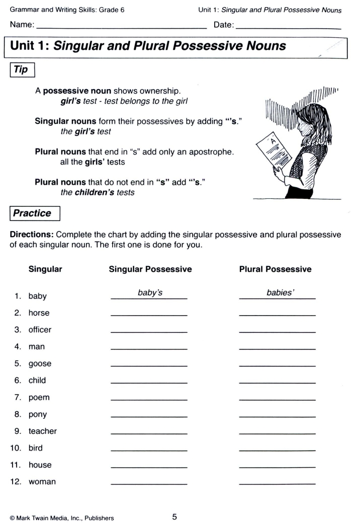 Possessive Nouns Practice: Adding Apostrophes to Singular and Plural Forms Fourth grade phonics worksheet showing singular and plural possessive noun rules with apostrophe placement examples