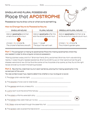 Singular and Plural Possessives worksheet example for elementary phonics instruction Fourth grade students practicing possessive noun rules with singular and plural nouns on a grammar worksheet