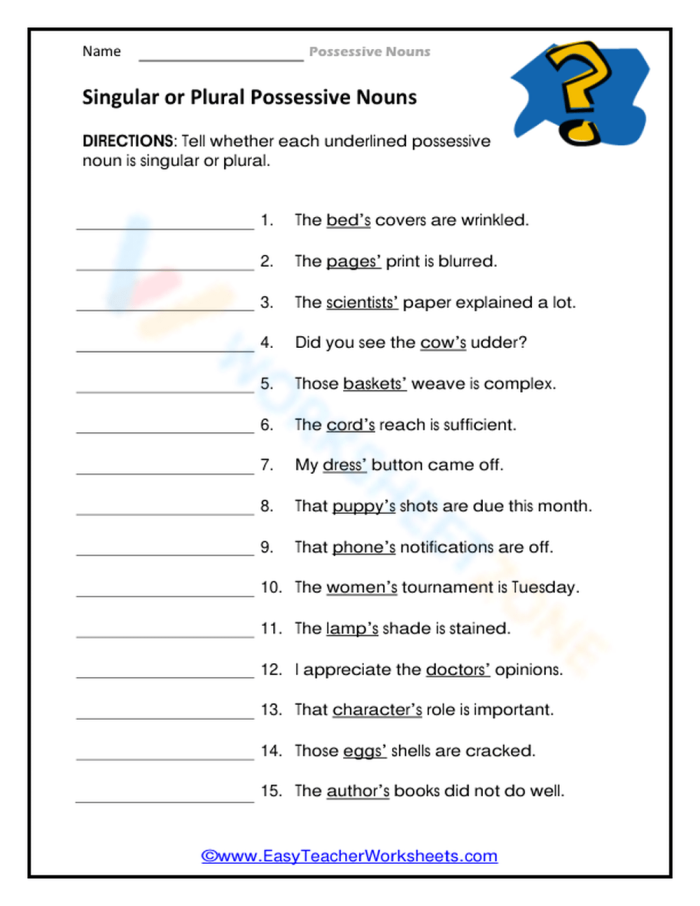 Singular and Plural Possessives: Place that Apostrophe - Phonics Worksheet 20 Fourth grade worksheet showing singular and plural possessive noun rules with apostrophe placement examples for phonics practice