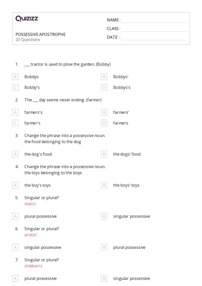 Singular and Plural Possessives: Place that Apostrophe worksheet image 22 Fourth grade phonics worksheet showing examples of singular and plural possessive nouns with apostrophe placement rules