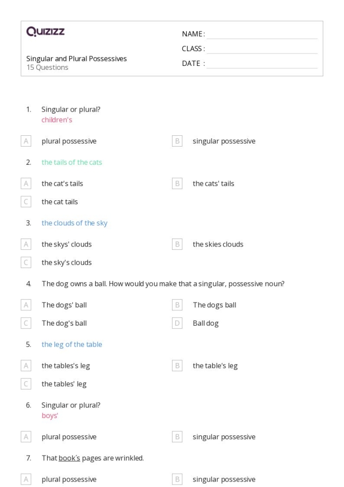 Worksheet on singular and plural possessive nouns for fourth graders. Make It Possessive: Singular & Plural Possessives exercise for students to practice.