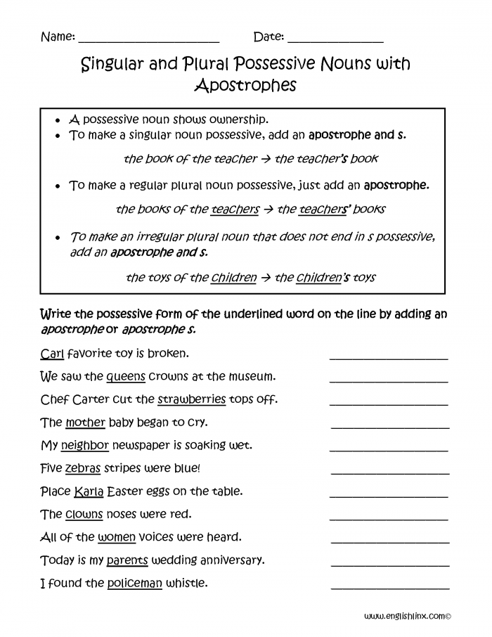 Worksheet for practicing singular and plural possessive nouns in fourth grade. Make It Possessive: Singular & Plural Possessives worksheet image.