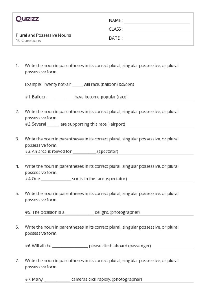 Worksheet for practicing singular and plural possessive nouns in a fourth-grade classroom. Make It Possessive: Singular & Plural Possessives exercise for students to categorize nouns.