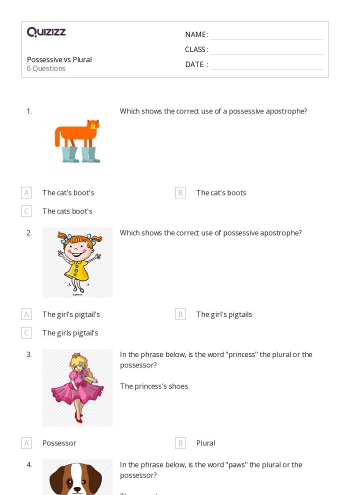 Worksheet featuring exercises on singular and plural possessive nouns for fourth graders