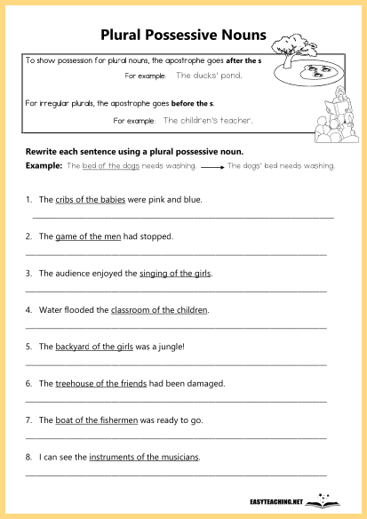 Worksheet focused on singular and plural possessive nouns for fourth graders