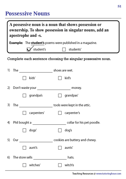 Worksheet for practicing singular and plural possessive nouns for fourth graders