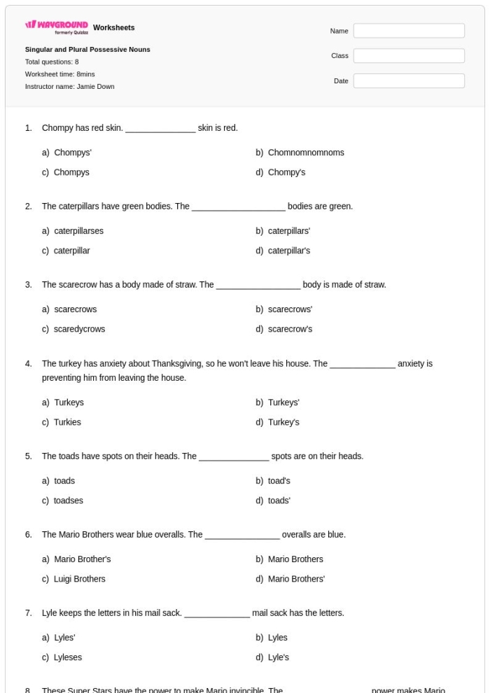 Worksheet showing students practicing singular and plural possessive nouns with examples and categorization. Make It Possessive: Singular & Plural Possessives worksheet for fourth-grade students.