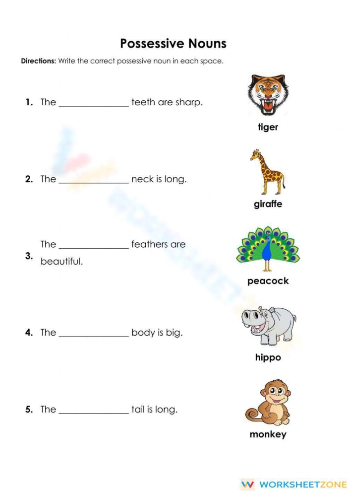 Worksheet focusing on singular and plural possessive nouns for fourth graders
