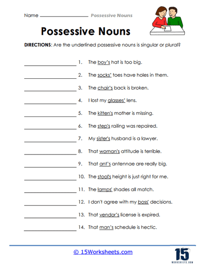 Worksheet for practicing singular and plural possessive nouns for fourth graders