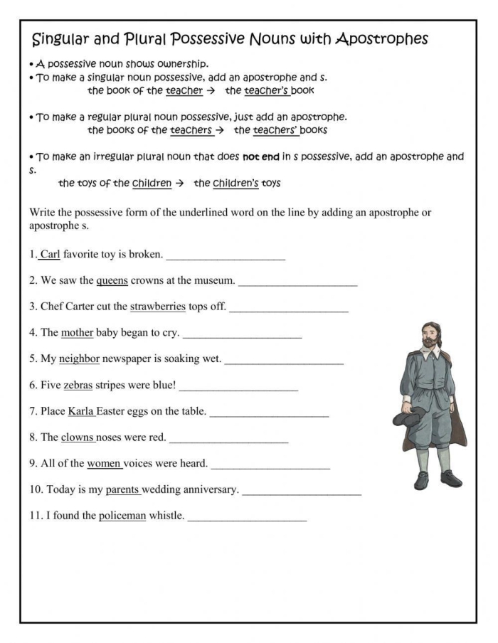 Worksheet featuring exercises on singular and plural possessive nouns for fourth graders