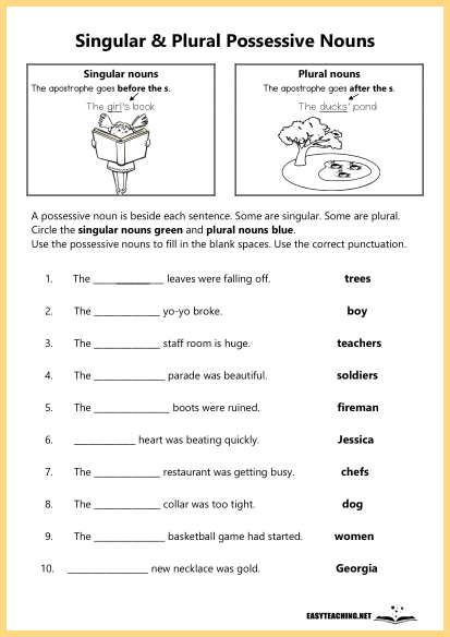 Worksheet featuring exercises on singular and plural possessive nouns for fourth graders