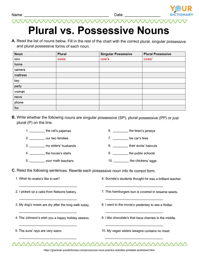 Worksheet for practicing singular and plural possessive nouns in a fourth-grade classroom