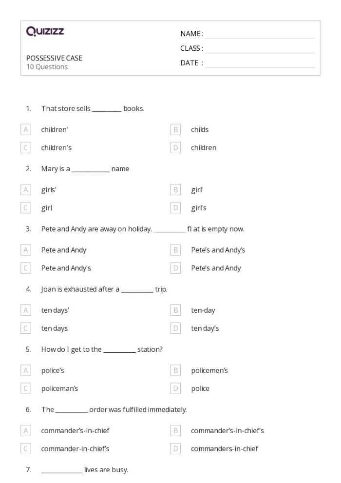 Worksheet image featuring a singular and plural possessive nouns exercise for fourth graders