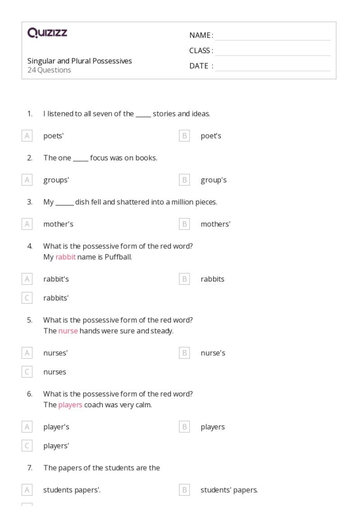 Worksheet demonstrating singular and plural possessive nouns for fourth graders