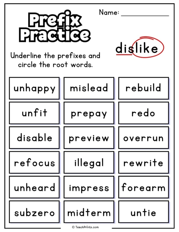Worksheet displaying prefix practice exercises for fourth-grade students