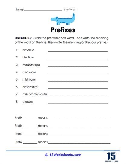 Grammar worksheet showing prefix definitions and examples for elementary learners image 14 Fourth grade students learning common prefixes and their meanings with reference guide worksheet page 14