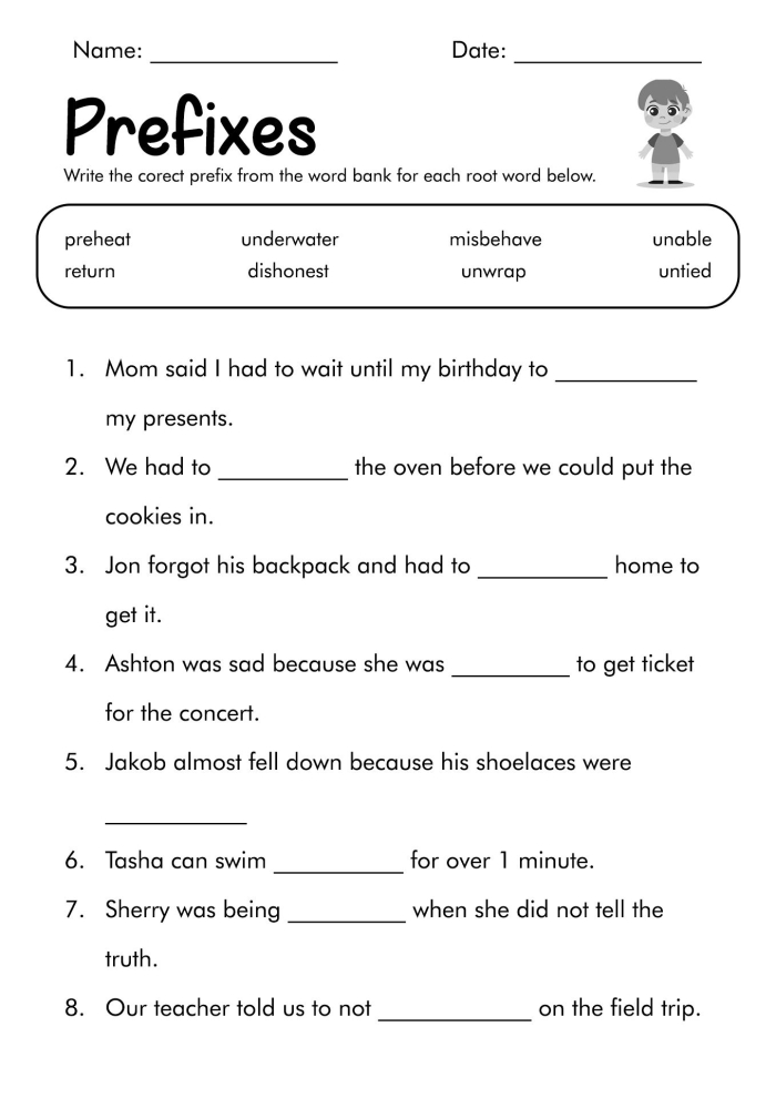 Fourth grade student worksheet focusing on identifying and writing words with prefixes for numbers and counting exercises
