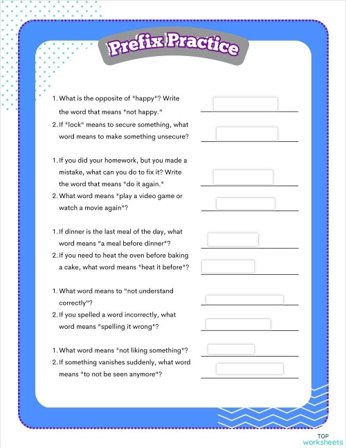 Prefix Practice worksheet for fourth graders focusing on numbers and counting skills