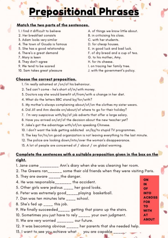 Worksheet focusing on advanced grammar concepts, specifically prepositions and prepositional phrases for fourth graders. Advanced Grammar Worksheet: Prepositions & Prepositional Phrases for Fourth Grade Students