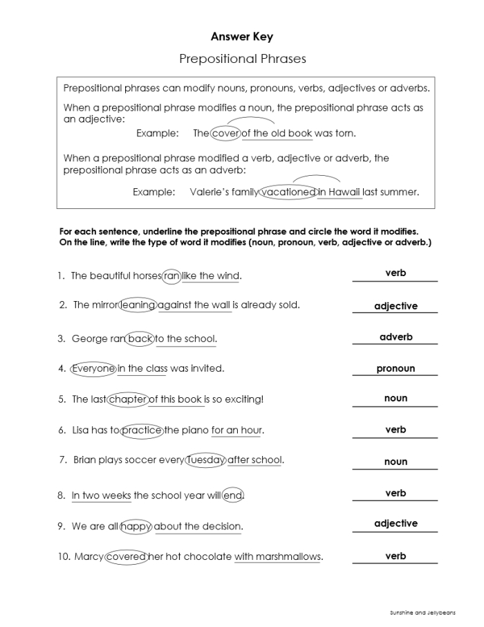 Fourth grade worksheet featuring prepositional phrase exercises for grammar practice