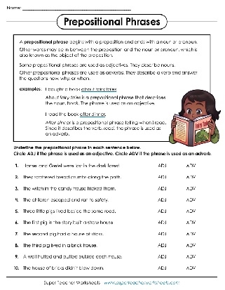 Fourth grade grammar worksheet featuring practice exercises for identifying prepositions and prepositional phrases