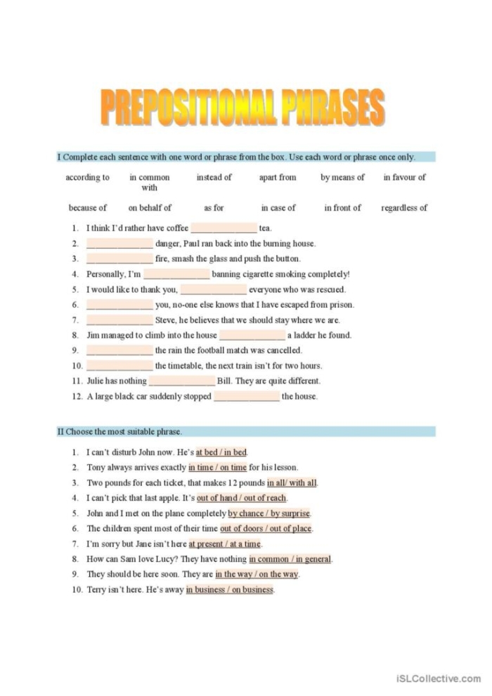 Worksheet illustration featuring students engaging with prepositional phrases