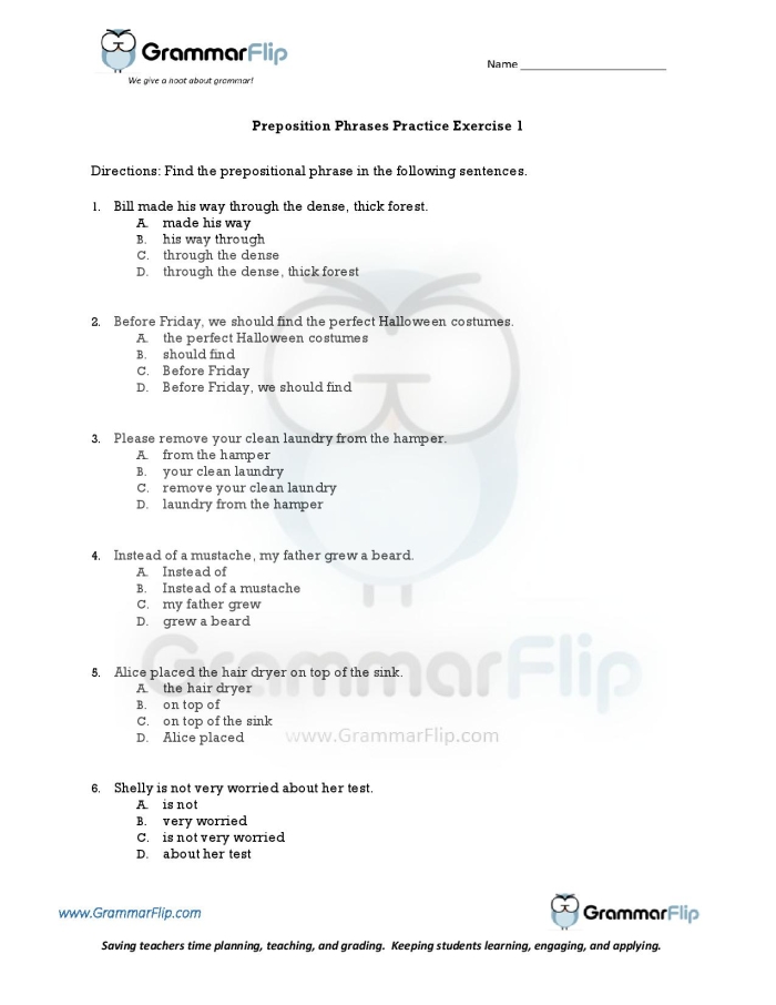 Fourth grade student working on a Practice with Prepositional Phrases worksheet
