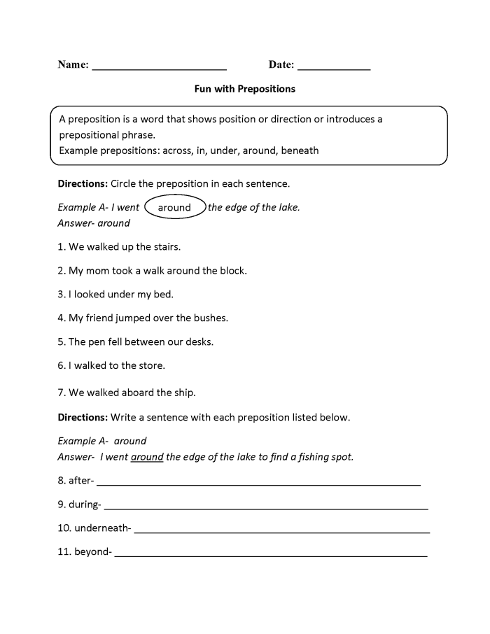 Worksheet featuring prepositional phrases for fourth graders to enhance their writing skills