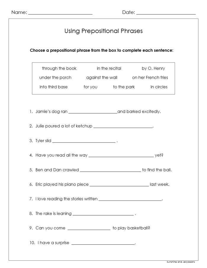 Worksheet helping fourth graders practice prepositional phrases and sentence structure