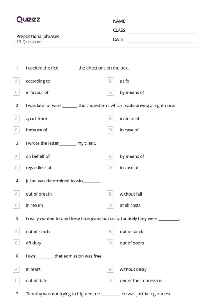 Worksheet for practicing prepositional phrases with examples for fourth graders