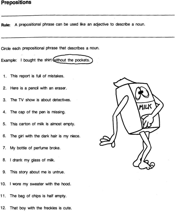 Worksheet designed for fourth graders to practice prepositional phrases and enhance sentence construction. Educational resource for mastering prepositional phrases in writing.