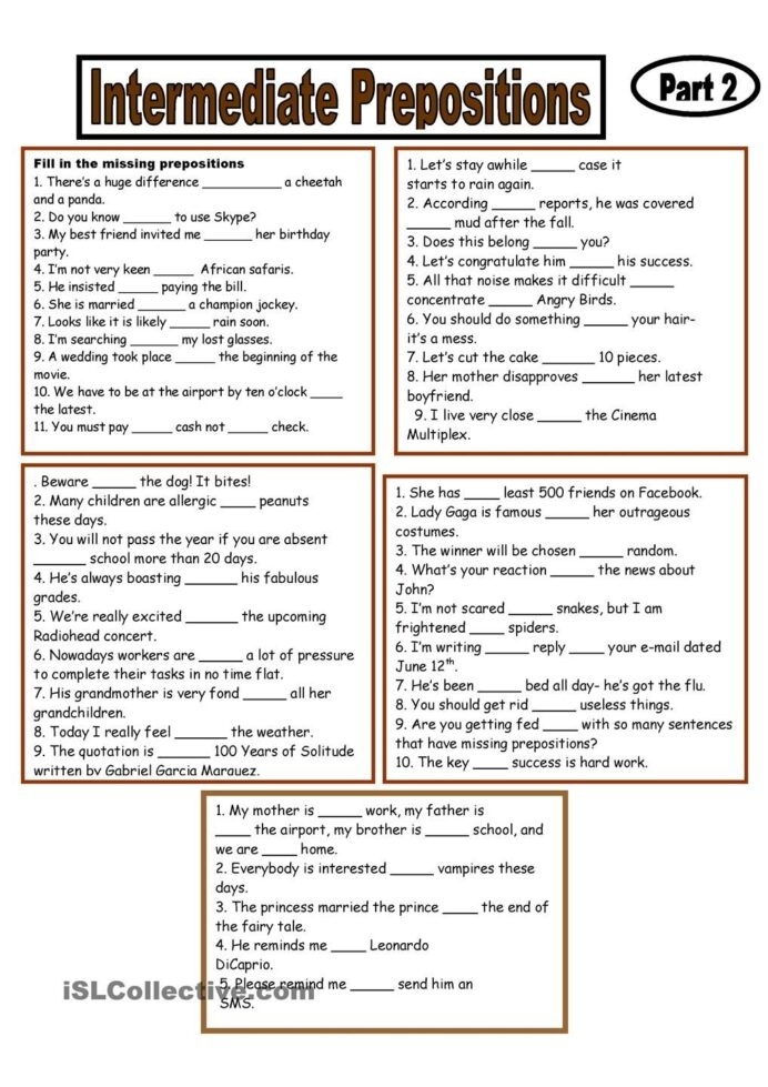 Fourth grade grammar worksheet featuring practice exercises for prepositions and prepositional phrases