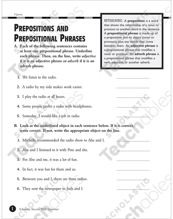Fourth grade grammar worksheet featuring prepositional phrase exercises and practice tasks