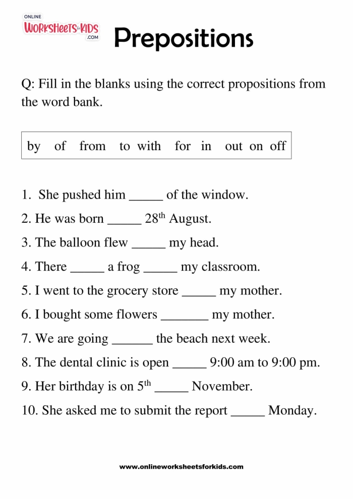 Fun grammar practice sheet for understanding prepositions Worksheet for fourth graders on prepositions of place