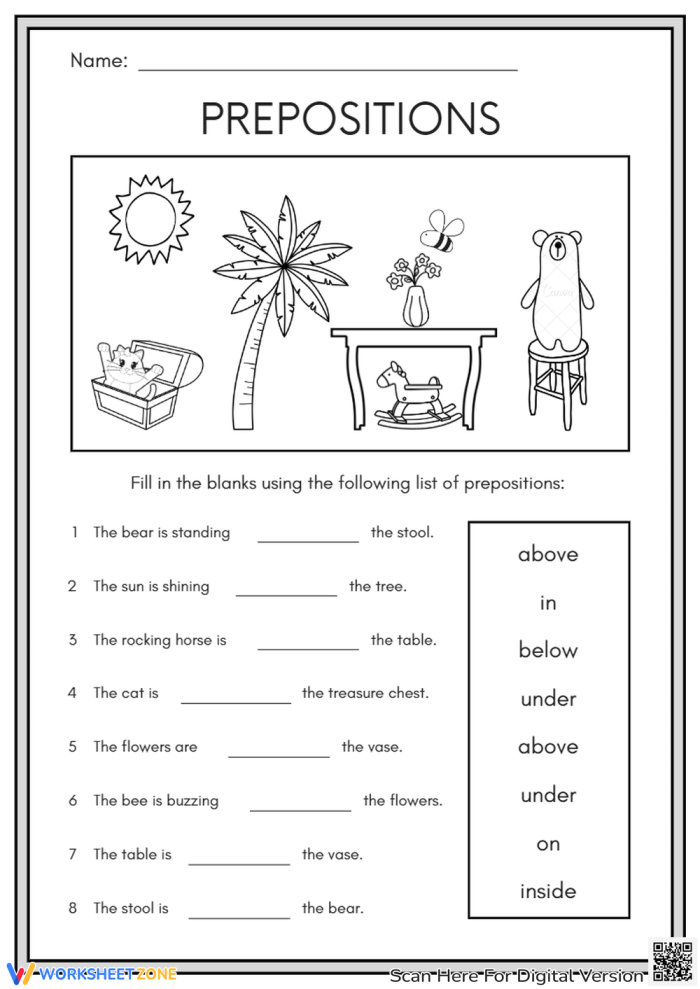 Fun grammar worksheet helping students understand prepositions in context Worksheet for fourth graders on prepositions of place in grammar