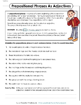 Worksheet focusing on advanced grammar concepts of prepositions and prepositional phrases for fourth graders