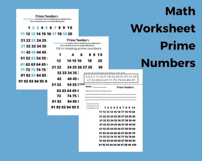 Practice sheet for determining prime numbers from solved equations in math class Worksheet showing equations for identifying prime numbers in fractions for fourth graders
