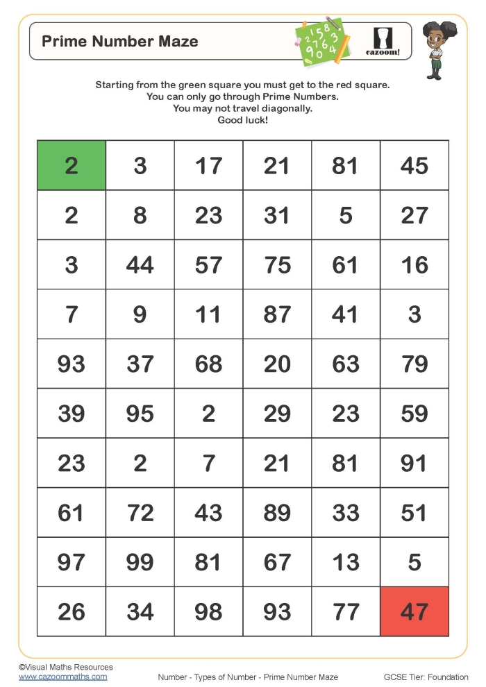 Engaging prime numbers maze worksheet for students to enhance their math skills Worksheet featuring a maze designed for identifying prime numbers for fourth graders