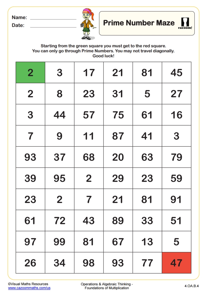 Engaging maze worksheet to practice prime number identification for students Activity sheet for identifying prime numbers in a maze designed for fourth graders