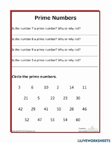 Which Numbers Are Prime? worksheet for practicing fractions and prime identification Worksheet featuring equations for identifying prime numbers in fourth grade math