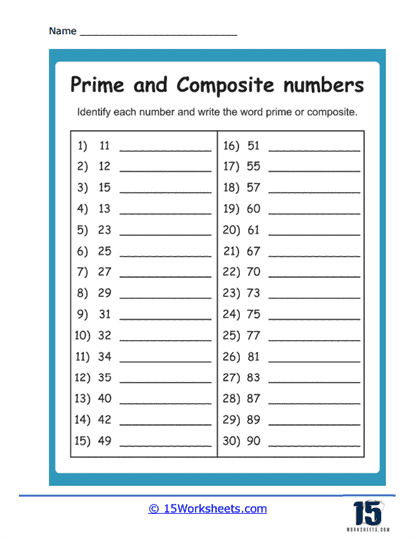Practice sheet for determining which numbers are prime in a fractions context Worksheet featuring equations for identifying prime numbers for fourth-grade students