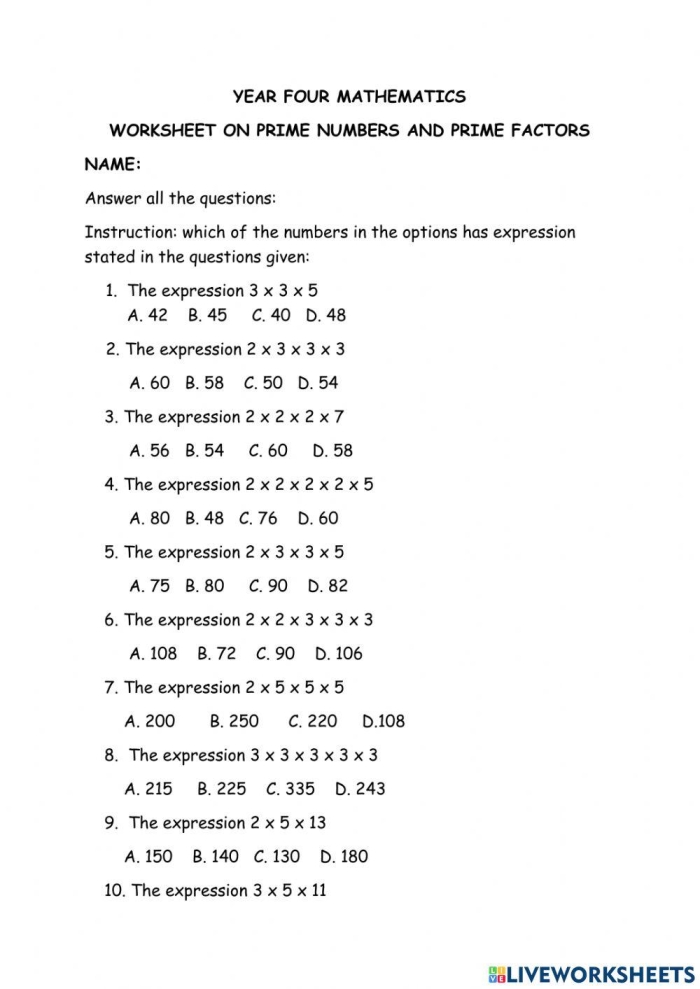 Practice sheet on prime numbers and fractions for fourth grade students Worksheet for identifying prime numbers through various equations for fourth graders