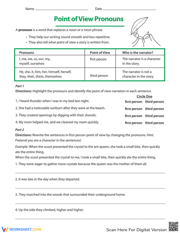 Pronouns and Point of View Practice Worksheet for Elementary Students Fourth grade grammar worksheet showing pronoun exercises with point of view activities for students to identify and practice first, second, and third person pronouns