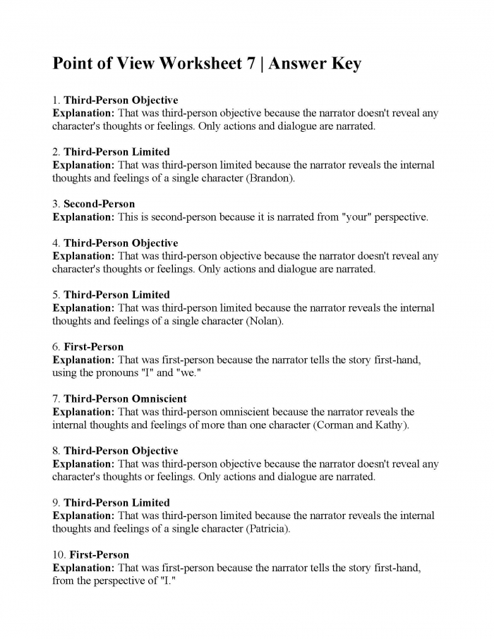 Pronouns and Point of View Practice Activity 9 Fourth grade grammar worksheet showing pronoun exercises for identifying and practicing different points of view in sentences