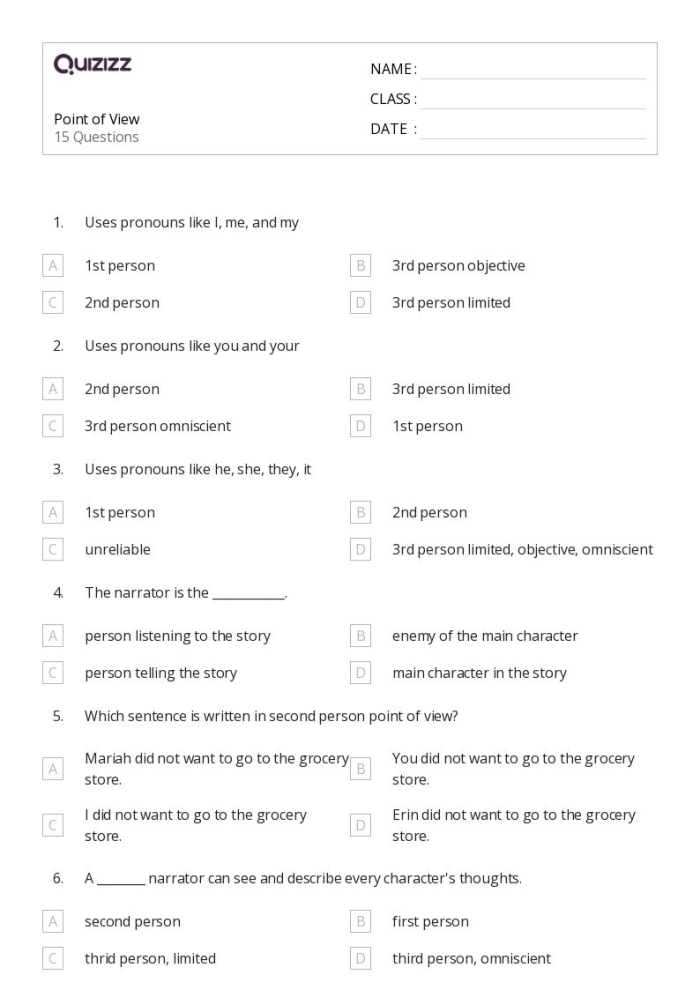 Pronouns and Point of View Practice Activity for Elementary Students Fourth grade grammar worksheet showing pronoun exercises for understanding different points of view in writing