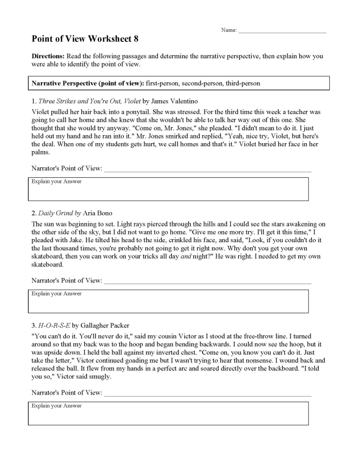 Pronouns and Point of View Practice Sheet 3 Fourth grade student working on a pronouns and point of view grammar worksheet