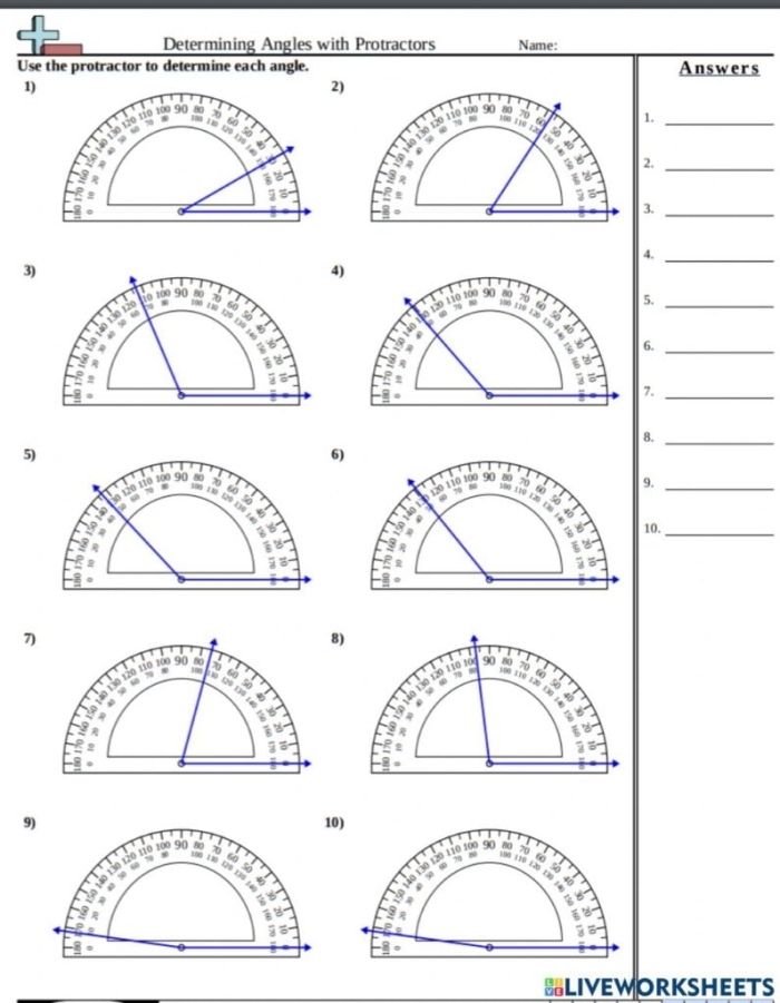 Fourth grade student using a protractor to measure angles on a math worksheet