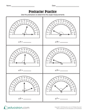 Fourth grade math worksheet featuring step by step practice with a protractor for measuring angles