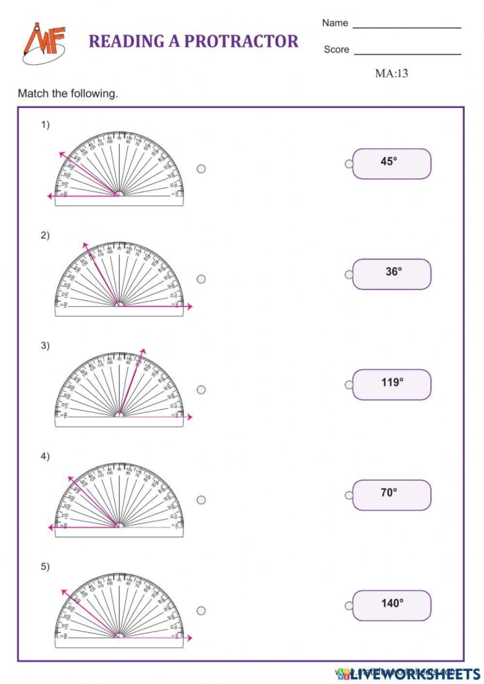 Protractor practice worksheet designed for fourth-grade students to enhance measurement skills